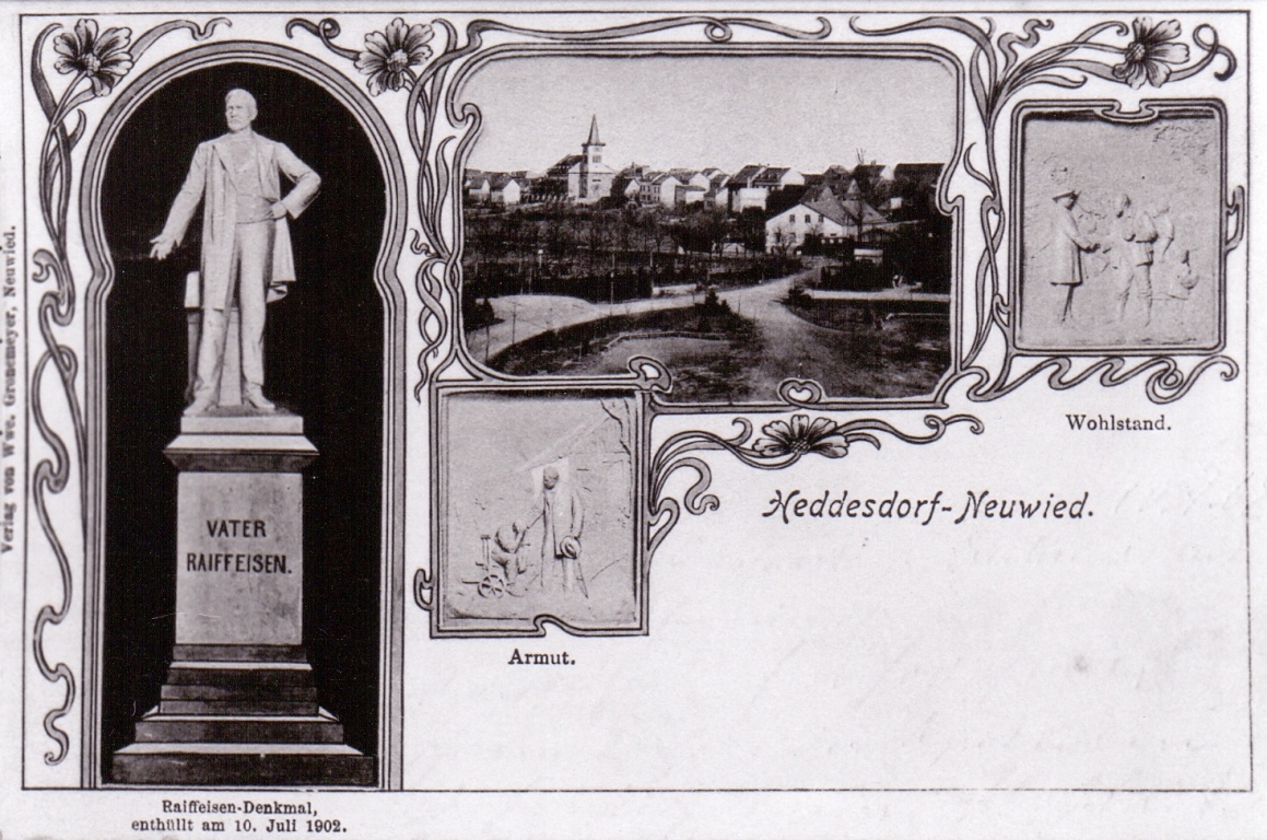 Postkarte von Heddesdorf mit Raiffeisendenkmal.